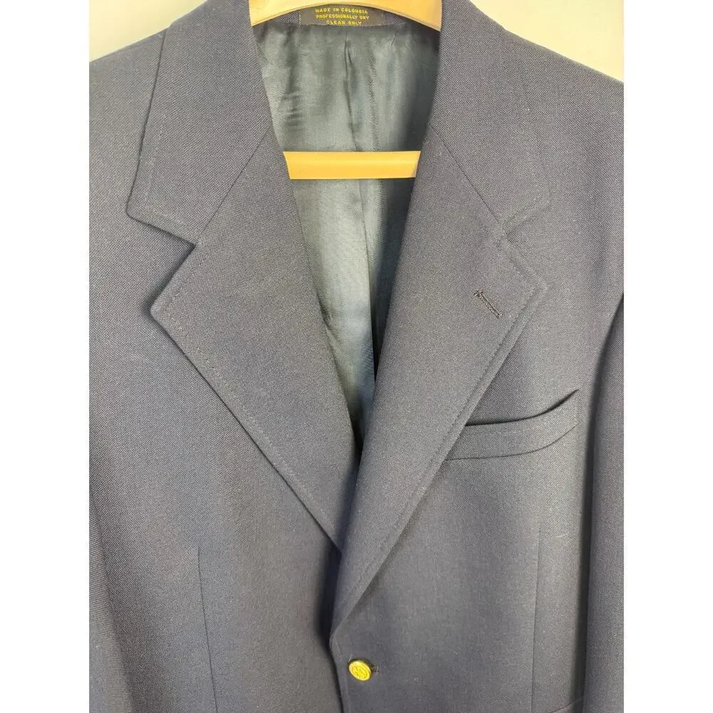 Domenico Navy Wool Blend Blazer Gold Crest Buttons Preppy 40L Country Club Style
